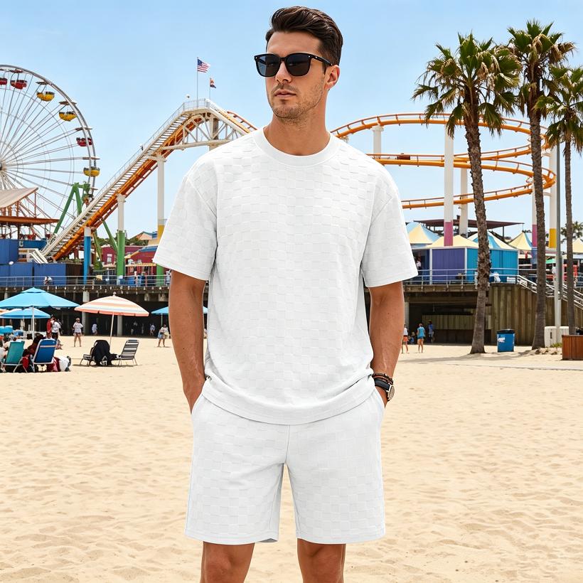 Men Waffle Grid Textured 2 Piece Outfits, Crew Neck Short Sleeve T‑Shirt Drawstring Elastic Waist Shorts Casual Summer Track Suit Set Multiple Colors