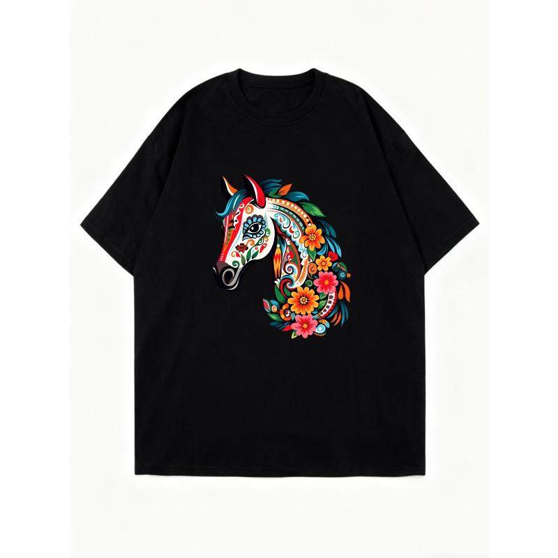 Übergroßes T-Shirt-Kleid Schwarzes Pferd Blumenmuster Druck Freizeitkleidung für Frauen