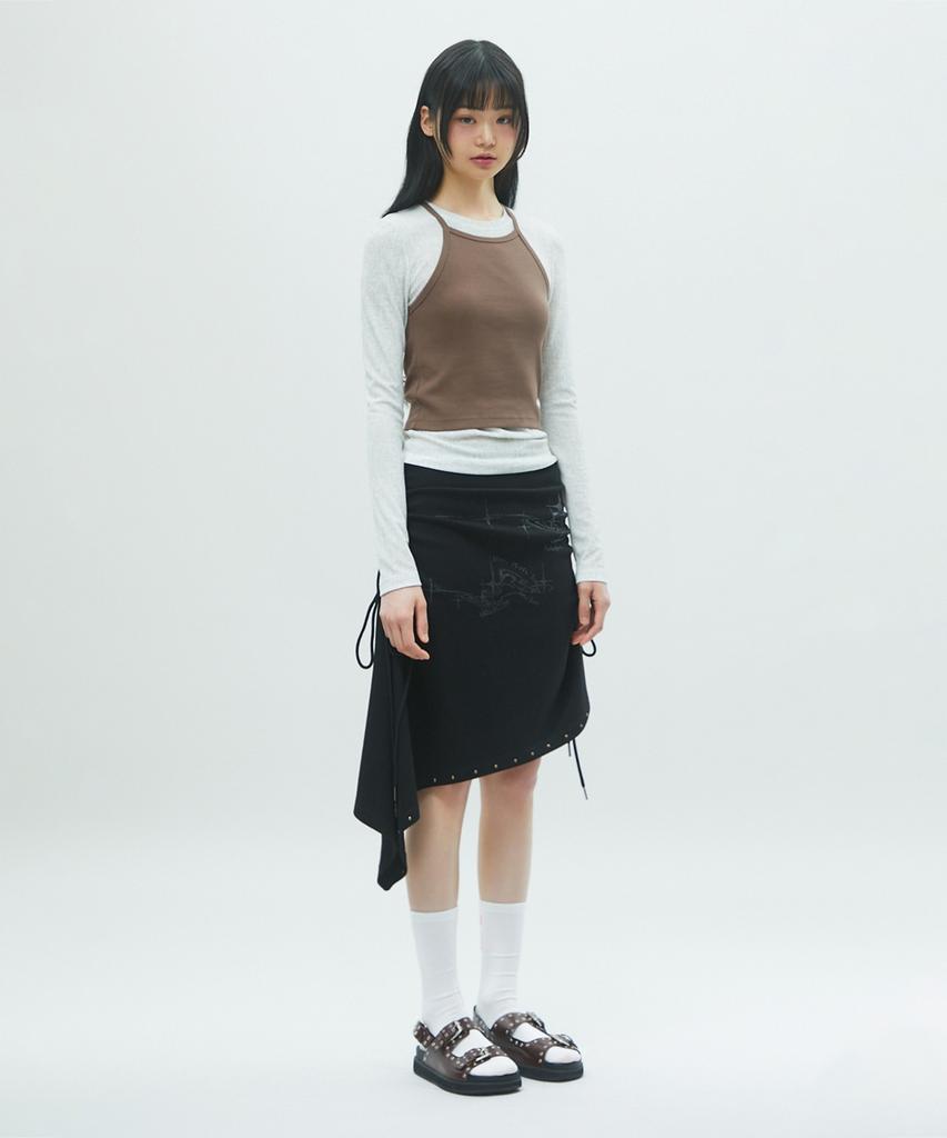 Lara Fox Unbalanced Shirring Midi Skirt Black Br2Cs002