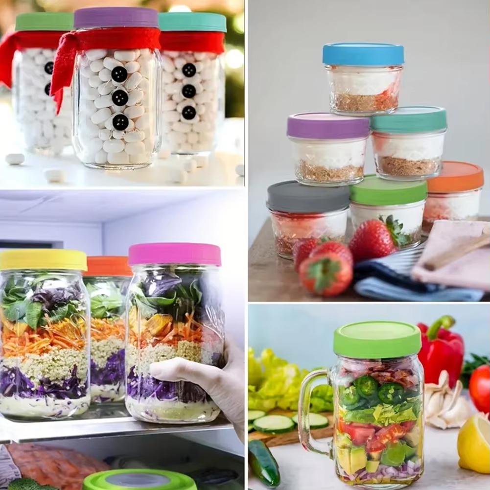 12pcs Mason-Jar Plastic Lids 70mm/86mm Multicolor Compatible Ball Kerr Brands Reusable Leak-proof Sealing Silicone Lids Kitchen