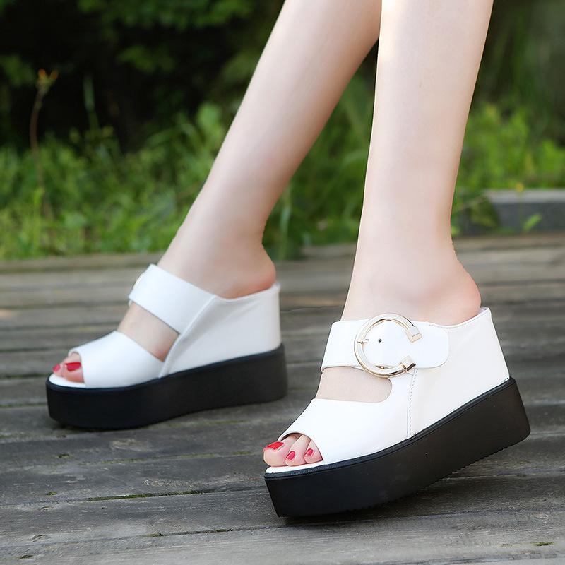 Inner heightening women's shoes cool slippers women's summer thick-soled slope heel one-word slippers fish mouth sandals 10cm waterproof table muf