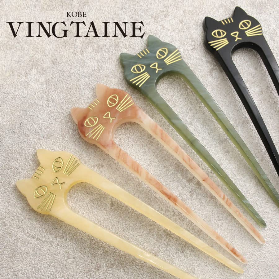 VINGTAINE Cat Motif Cat Hair Two-Pronged Hairpin, Marble, Two-Prong Accessory, H7530-IV-Ivory