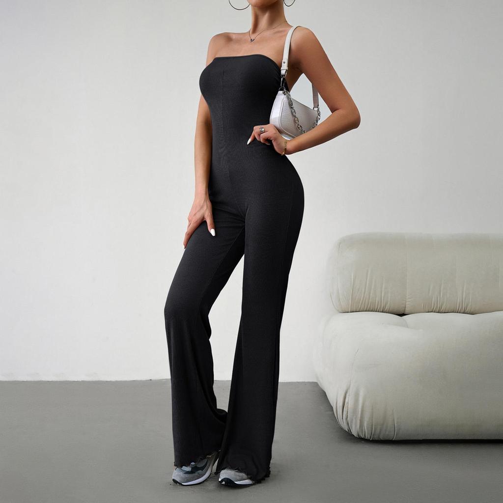 Women's Autumn Winter Elegant Slim Fit Sexy Bra Jumpsuit Strapless Solid Color Backless Romper