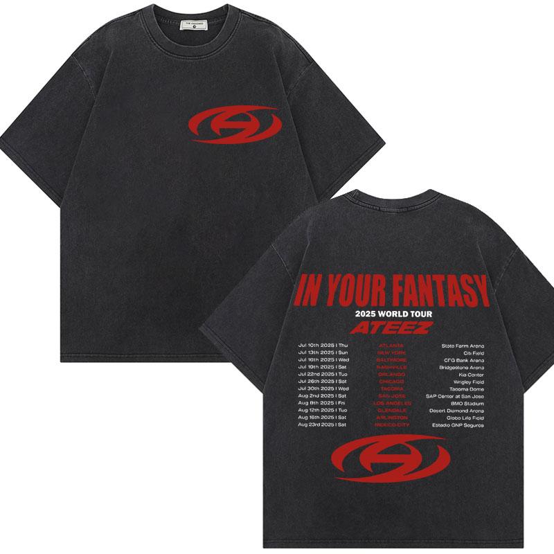 ATEEZ  World Tour in Your Fantasy Graphic T Shirt Harajuku Kpop Vintage Washed Tshirt Unisex Fashion Casual Cotton Tshirts
