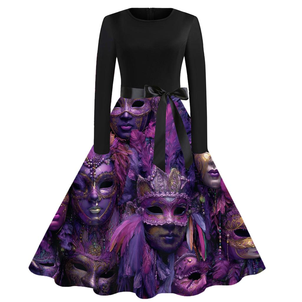 Damen Casual Mode Rundhals Karneval Bedrucktes Vintage Kleid