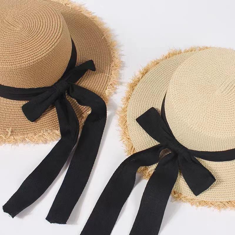Women's Summer Japanese Style Versatile Frayed Edge Straw Hat Flat Top Vacation Outing Woven Sun Hat Bowknot Sunshade Beach Hat
