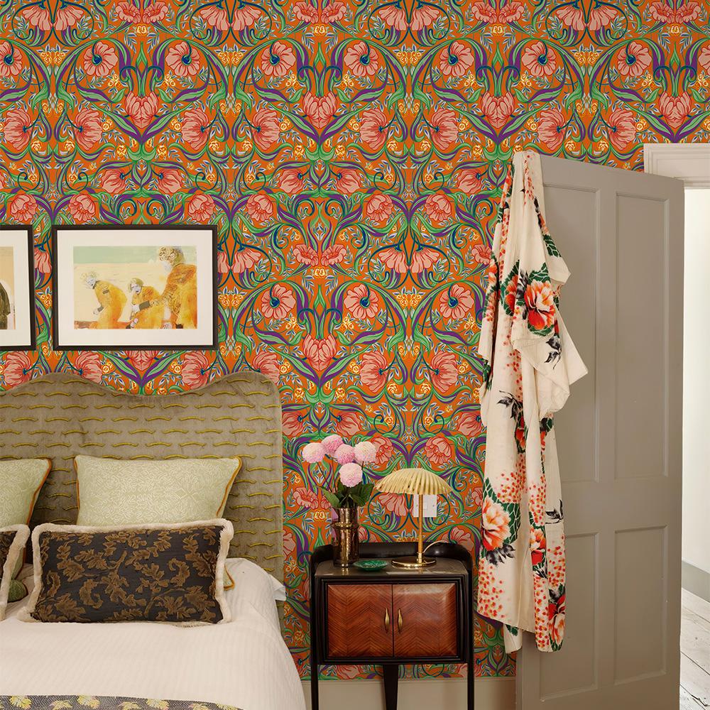 Orange Boho Flower Vinyl Wallpaper Retro Self Adhesive PVC Cabinet Sticker Chic Waterproof Kitchen And Bathroom Wall Decor