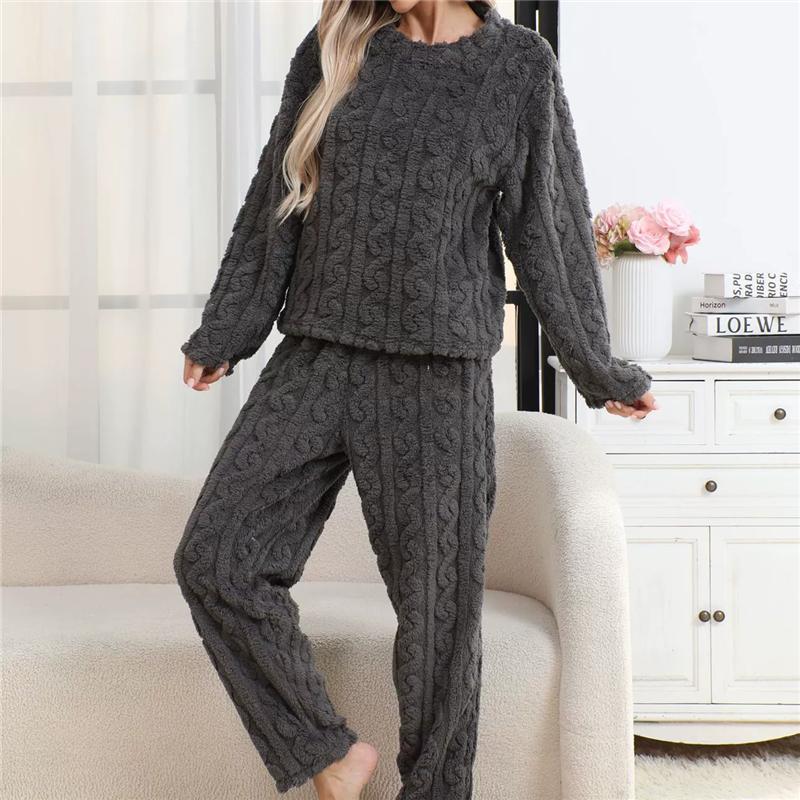 Herbst Winter Warmes 2-teiliges Pyjama-Set für Damen Hauskleidung Flanell Langarm Oberteile und Hosen Hauskleidung Loungewear