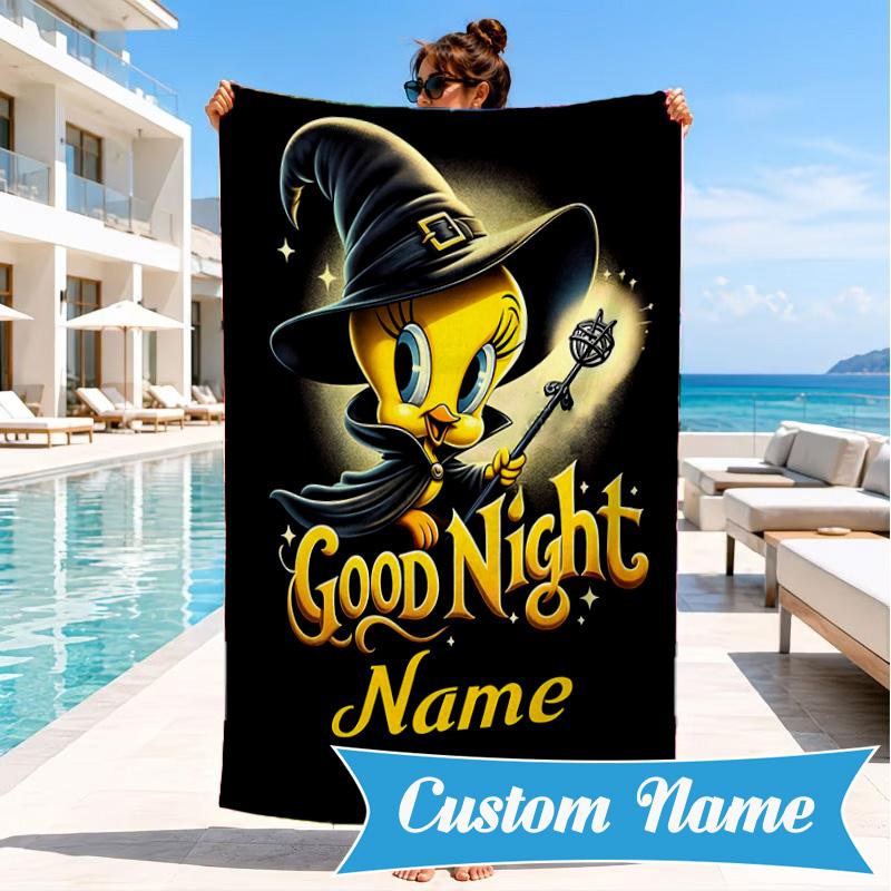 Custom Name Good Night Yellow Bird Heart In Space Adventure Microfiber Beach Towel, Lightweight for Summer Travel, Swimming Pool Fan Gift