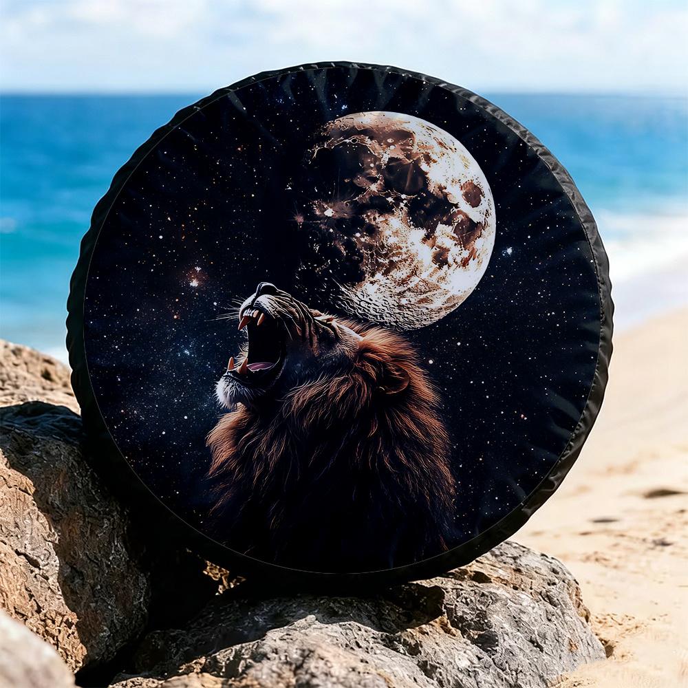 Majestic Lion Roaring Full Moon Tire Cover, Powerful and Mystical Design with Deep Black Starry Sky Background, Suitable for Pickup Trucks/Jeeps/Touri