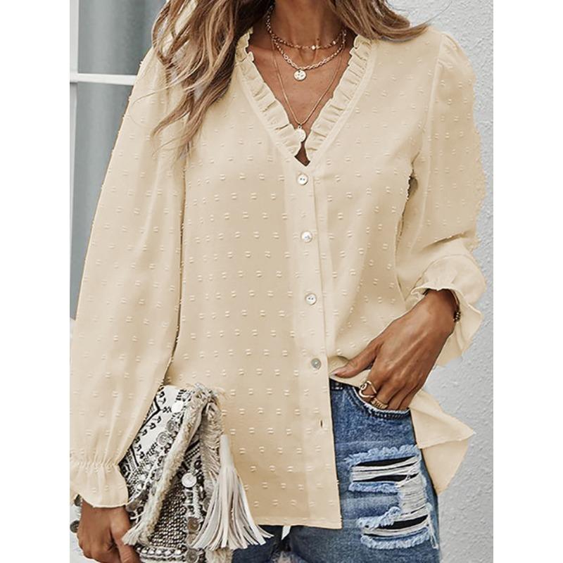 IHUASU Women's Fashion Casual Solid Color Print V-Neck Long Sleeve Blouses & Shirts