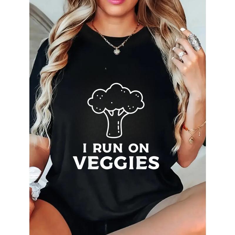 Oversized T Shirt Black Broccoli Graphic I Run On Veggies Print Vegan Lifestyle Casual Wear For Women And Girls