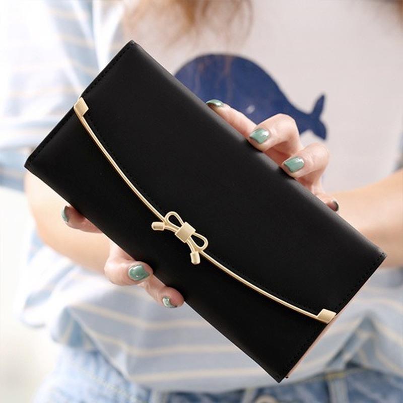 

Long Wallets Women Bow Hasp Fashion Sweet Ladies Money Card Holder New Arrival Matte Leather Simple Solid Elegant Female Cardbag чёрный