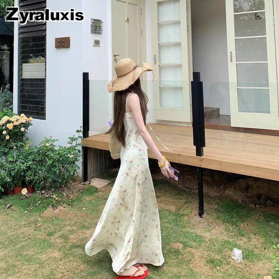 French Vacation Style Off-Shoulder Floral Sundress for Women Summer Ruched Slimming A-Line Dress Romantic Strap Maxi Dress