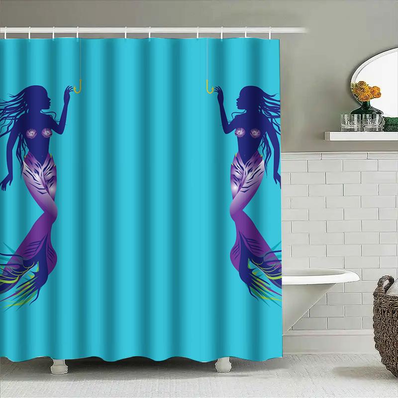 Modern Mermaid Shower Curtain Bright Blue Fabric With Unique Fish Tail Design For Bathroom Decorations