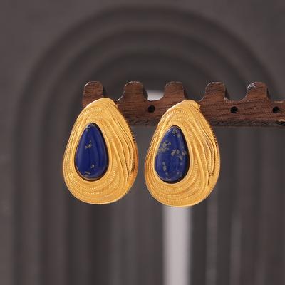 Wind Retro Blau Gold Stein Ohrstecker Titan Stahl Überzogene 18k Gold Nische Temperament Design Wasser Tropfen Einfache Ohrringe Frauen