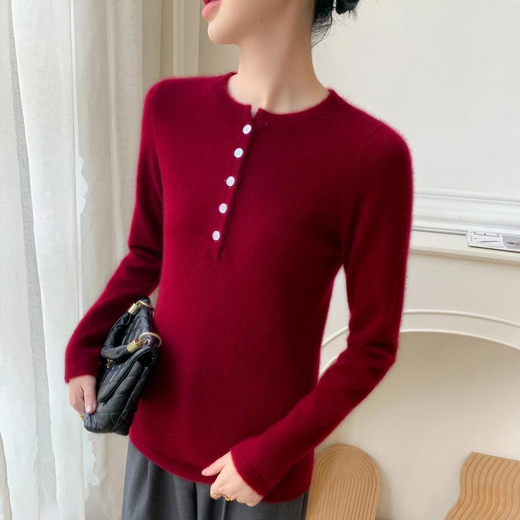 2025 Autumn/Winter Women's Cashmere Sweater: Round Neck, Slim Fit, Loose Buttoned Pullover