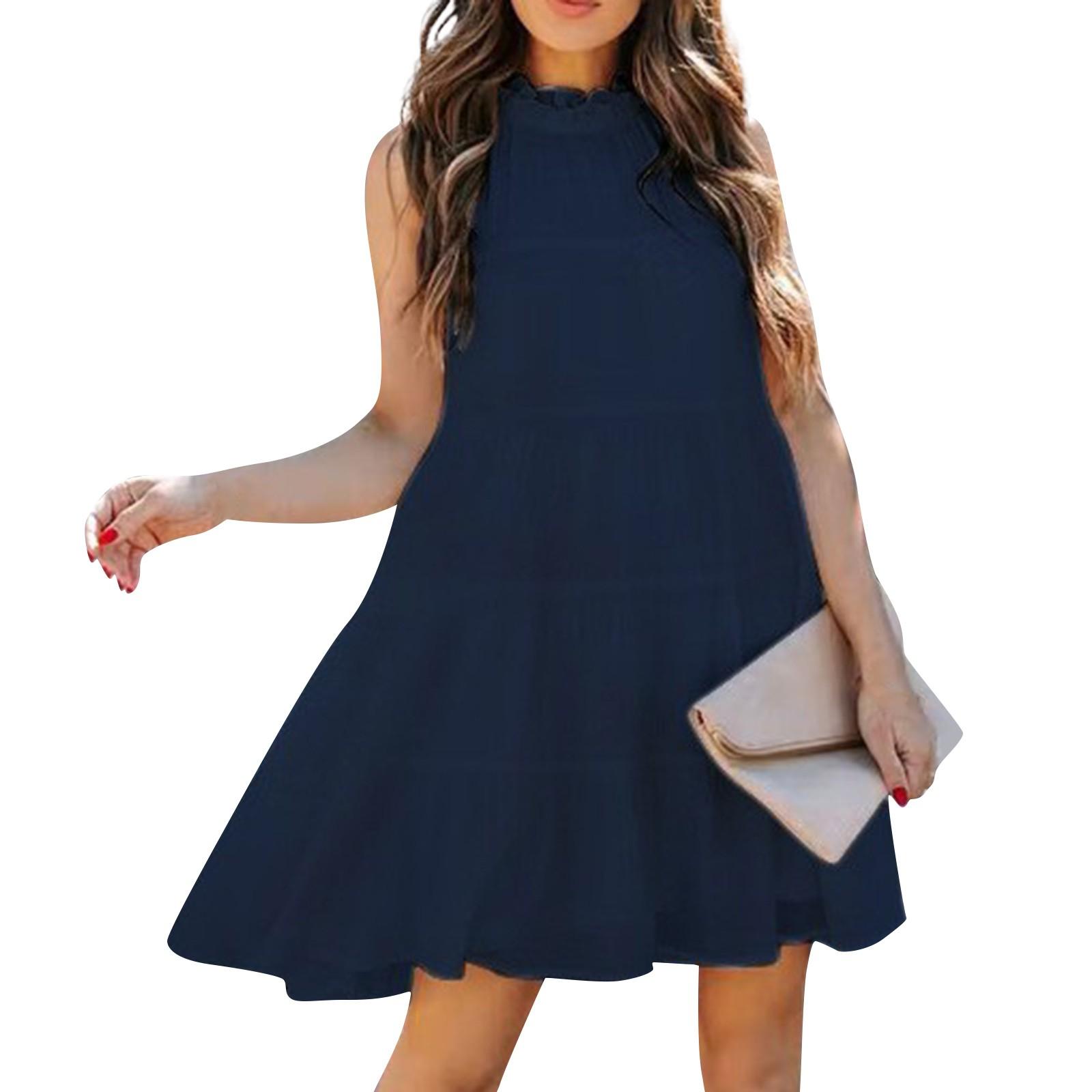 

Женские платья с круглым вырезом, воротником-стойкой из дерева, свободные, без рукавов, плиссированные, с большим подолом, однотонные, трапециевидные платья XXXXXL тёмно-синий