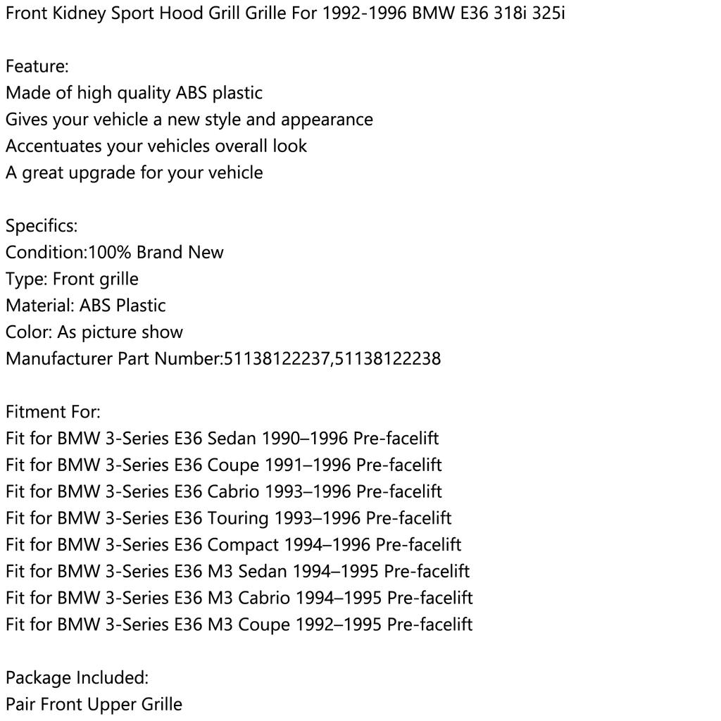 Kidney Sport Hood Grill Grille For 1992-1996 BMW E36 318i 325i