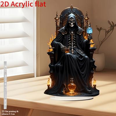 2D Flat Print, Home Decoration Ornaments, Vintage Style Acrylic Reaper Statue with Base, Skull and Flame Design, Home and Office Decoration