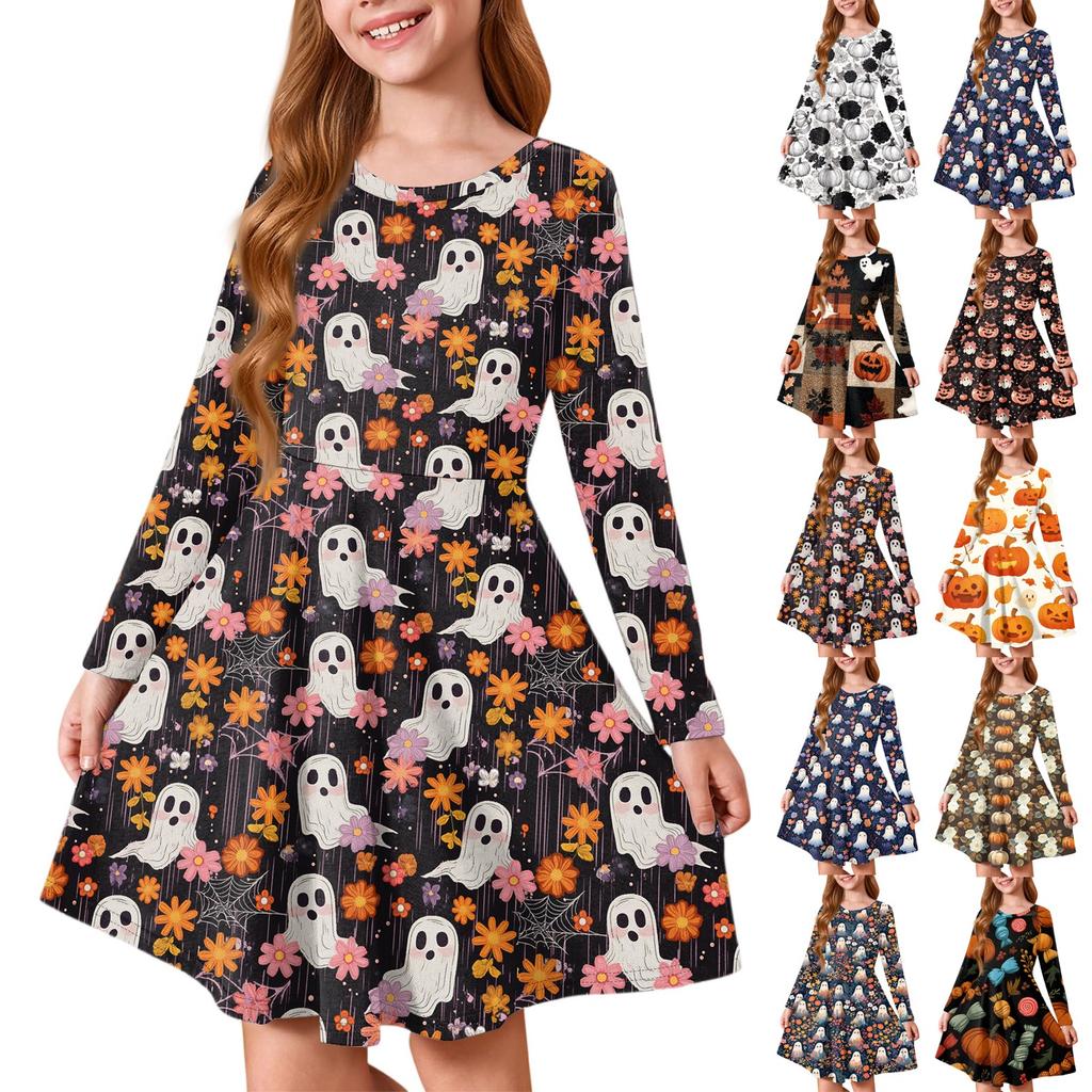 Girls' Summer Princess Dress Halloween Day- Long Sleeve A-Line T-Shirt Dress
