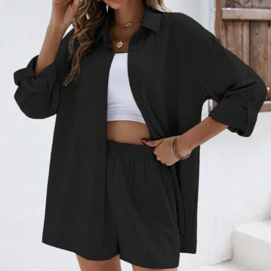 

Women s Spring Casual Shirt and Shorts Set - Solid Color Ringer Long Sleeve Shirt with High Waist Shorts XL чорний