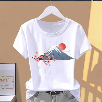 (Asian Size) Graphic Tee Casual T Clothing Flower Mountain Trend Cute Print Female Casual Women's Top Fashion Short Sleeve T-shirt