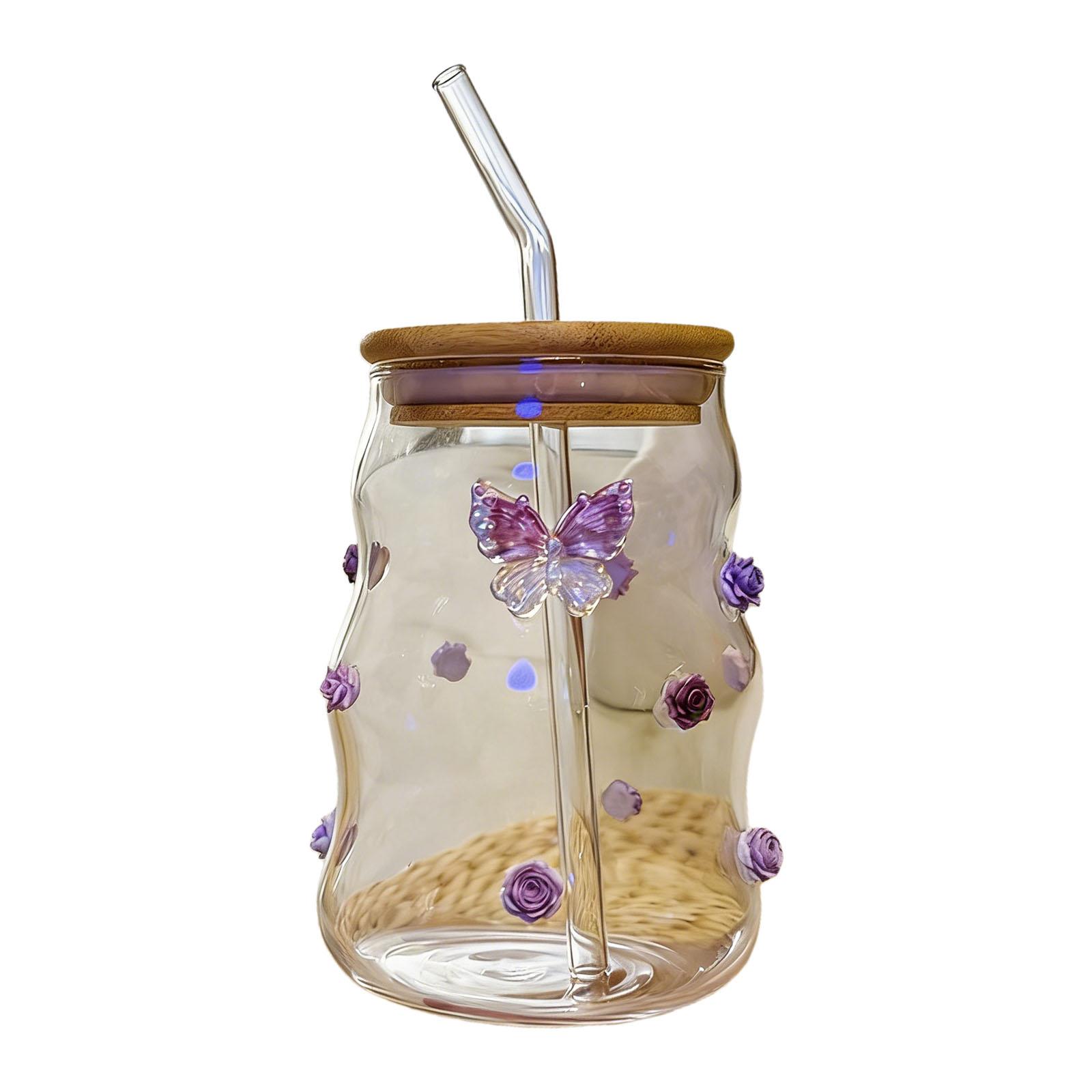 Large Capacity Glass Drinking Cup with Lid and Straw Stylish Bowknot Drinkware Microwave Dishwasher Safe Mug фиолетовый