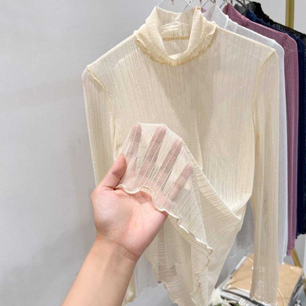 Women T-Shirt See Through Transparent Mesh Tops Long Sleeve Slim Ladies Turtleneck Silk Ruffled Edge T Shirt Lace Crop Top