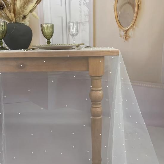 Yousheng 9.8FT Gauze Table Runner Chiffon Cheesecloth Table Runner with Faux Pearls Dining Table Decor Cloth for Home Birthday Holiday Party