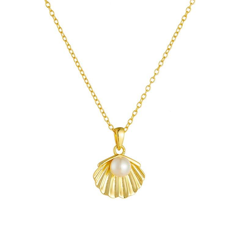 Mlluki 925 Sterling Silver 14K Gold Plated Shell Pearl Necklace for Women