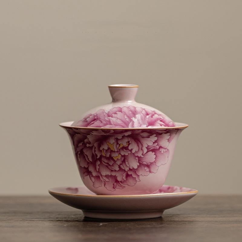Peony Ru Yao Porcelain Gaiwan Set For Tea Tureen Teaware Cup Chinese Pink Ceramic Opening Tea Bowls Chawan Tea Ceramony Lily