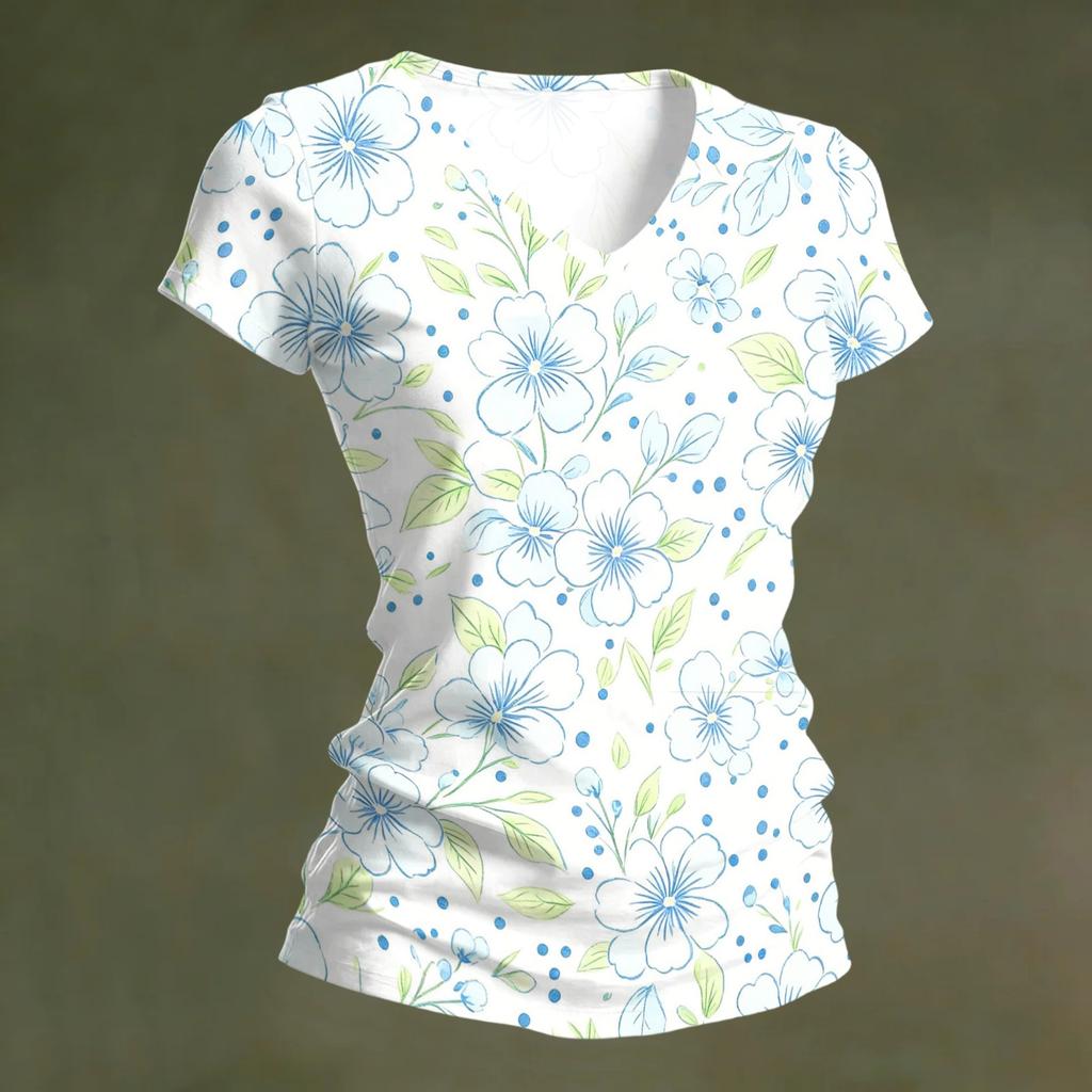 Camiseta Floral de Manga Corta con Cuello en V para Mujer, Informal, Holgada, Ligera, Pulóver para Uso Diario, Oficina, Escuela, Viajes