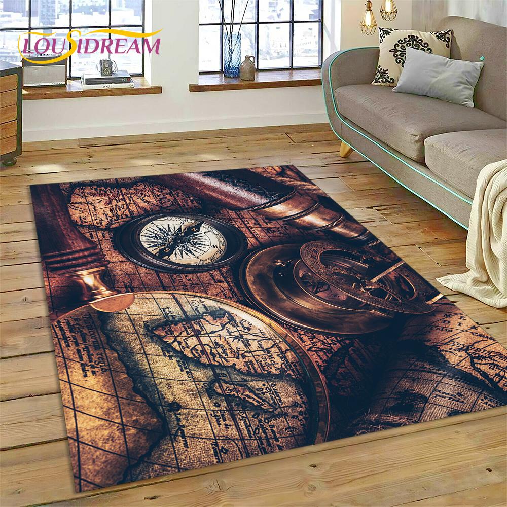 Ancient Nautical Chart World Map Compass Rug Carpet for Living Room Bedroom Decor,Floor Mat Non-slip Decoration for Sofa Doormat