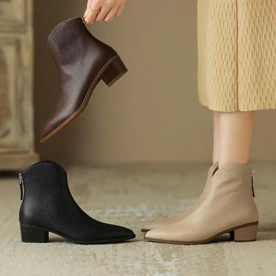 NEU Herbststiefel Damen Spaltlederschuhe für Damen Spitz zulaufende Schuhe mit klobigem Absatz Retro-Reißverschluss Kurze Stiefel Apricot Stiefeletten