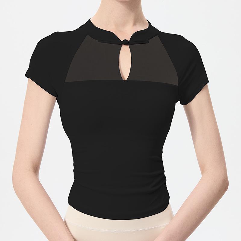 Chinese Style Quick-Dry Yoga Top: Short Sleeve, Side Ruched, Slim-Fit with Chest Pad for Fitness