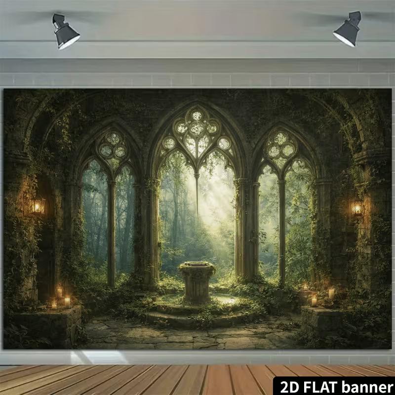 2D Magical Sunlit Forest Ruins Party Backdrop with Stone Arches and Altar