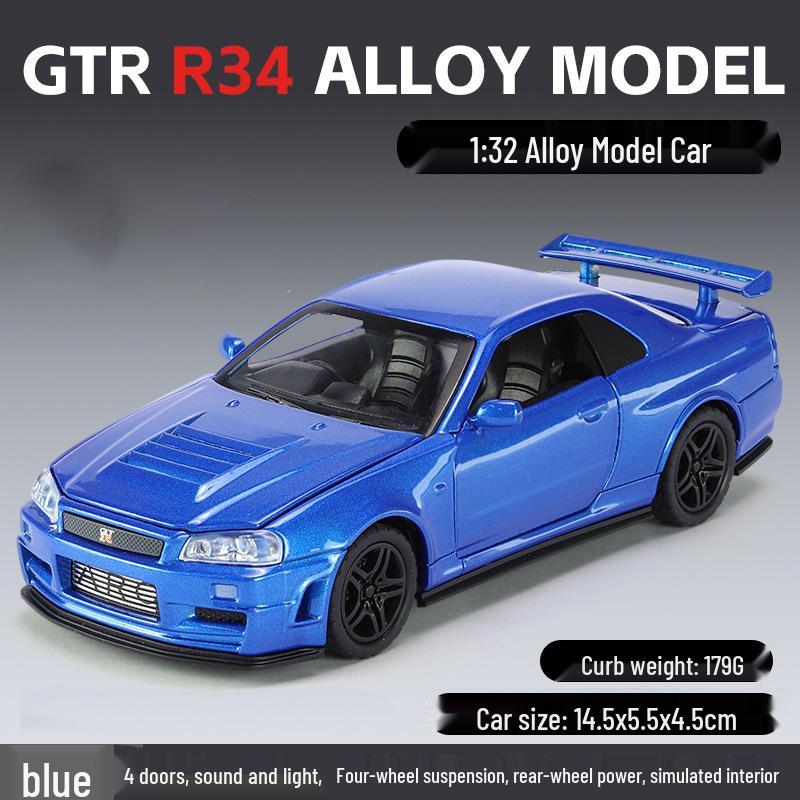 1:32 GTR R34 Low-Rider Sports Car Model with Opening Doors, Four-Wheel Suspension, Alloy Build, Sound and Light, Pull-Back Simulation