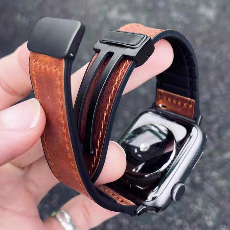 

Кожано-силиконовый ремешок для Apple Watch Band 46мм 49мм 44мм 45мм 42мм 40мм 41мм Браслет Correa IWatch Серии 11 10 9 SE Ultra 2 for Apple Watch 45mm чёрный