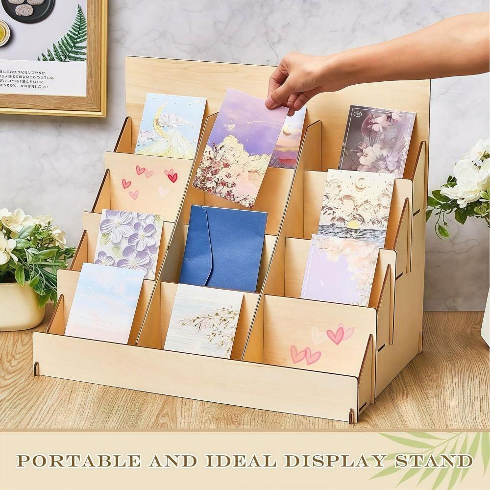 Wooden Greeting Card Display Stand 12 Grids Smooth Edges Greeting Card Rack DIY Simple Design PSA Card Display Stand
