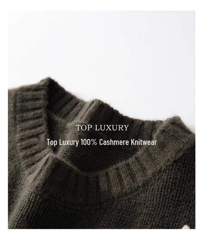 Women's Pure Cashmere Embroidered Sweater - Round Neck, Drop Shoulder, Long Sleeves, Autumn/Winter Knit Pullover