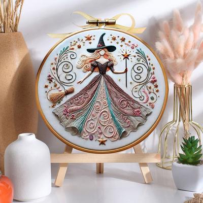 Pink Witch Embroidery Kit Witch Pattern DIY Embroidery Set Hand Embroidery Craft Kit