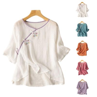 Women's Vintage Inspired Loose Fit Embroidered Button Front Cotton Linen Blend Blouse With Three Quarter Sleeves