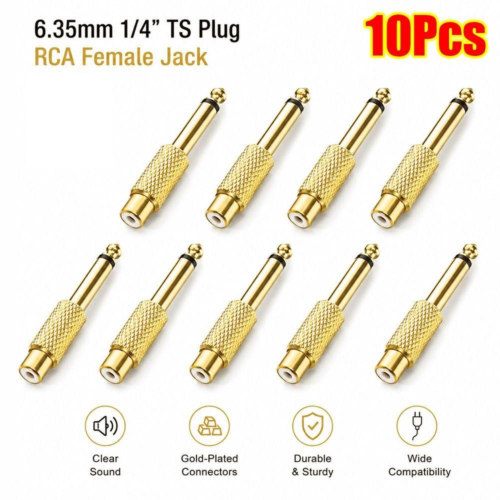 10Pcs Mono TS Plug Design 1/4" Mono TS Male Connector Gold-Plated Audio Adapter  DIY Audio Equipment
