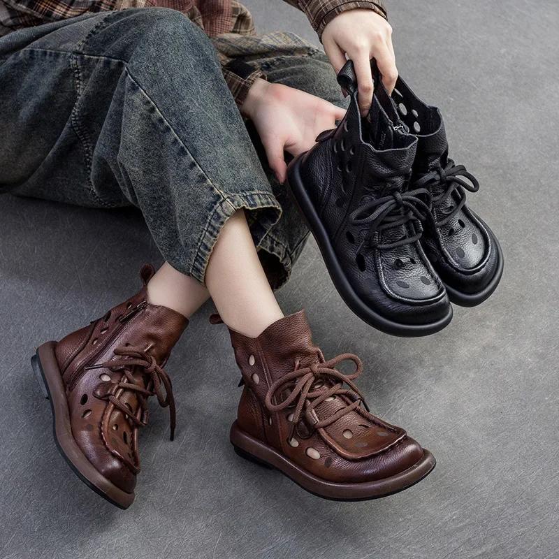Fashion High Quality 3CM New Design Women Summer Breathable Shoes Hollow Out Cool Boots Literary Style Genuine Leather Flat Ankle Boots