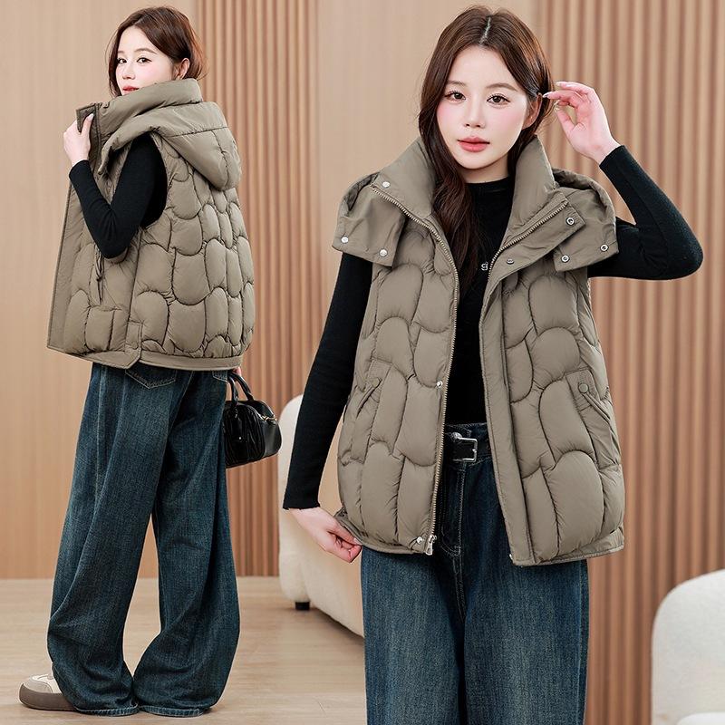 Large pocket stand-up collar hooded vest women's autumn and winter warm vest loose with short cotton vest loose