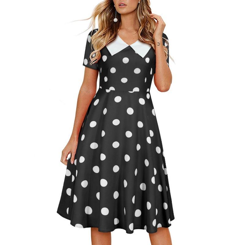 Summer Short Sleeve V-Neck Polka Dot Retro Dress Women's Large Swing Dress