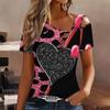 Women Heart Shape Print Cold Shoulder Short Sleeve T Shirt Irregular Cutout Neck Casual Summer Blouse Top