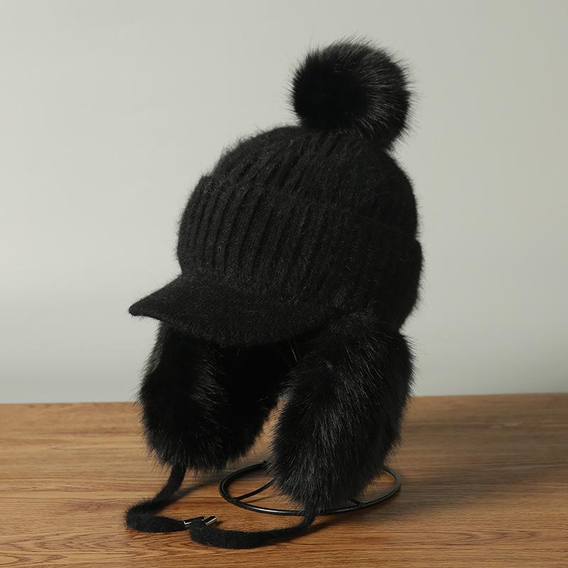 Autumn and winter plush warm ear protection rabbit fur hat hairball face ducktongue knitted hat girls hat