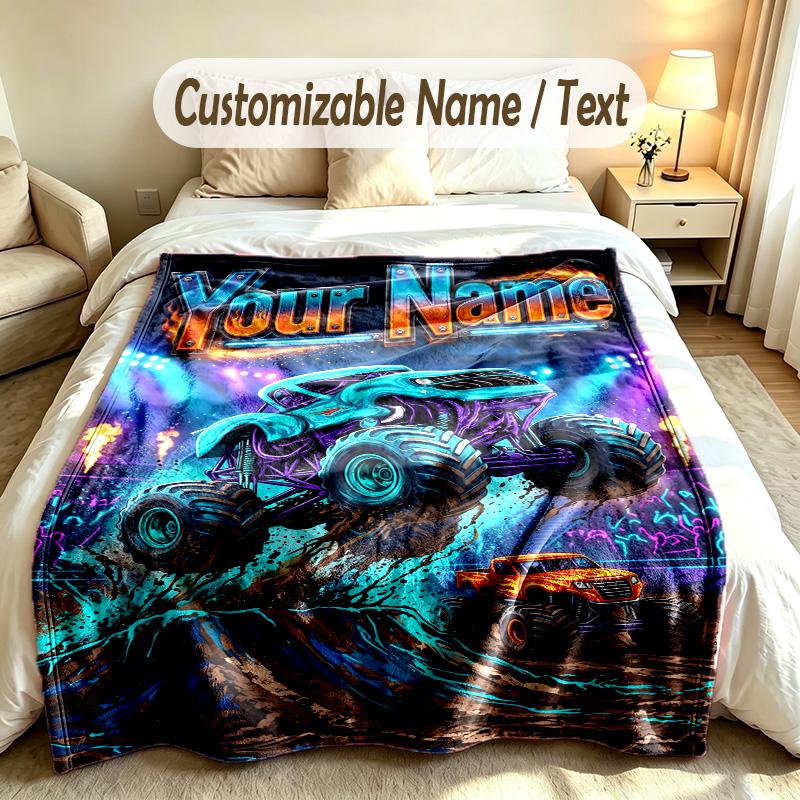 Coperta Personalizzata Tema Monster Truck Nome e Testo Personalizzati Morbida Calda Coperta da Divano Decorazione per la Casa
